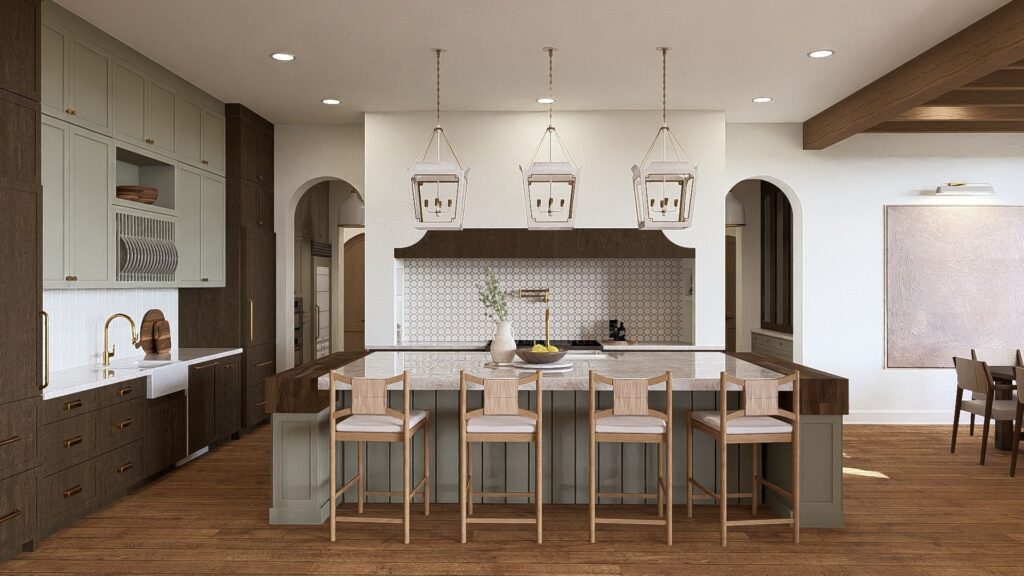 A luxurious custom kitchen with a large marble island, wood and green cabinets, and modern light fixtures.