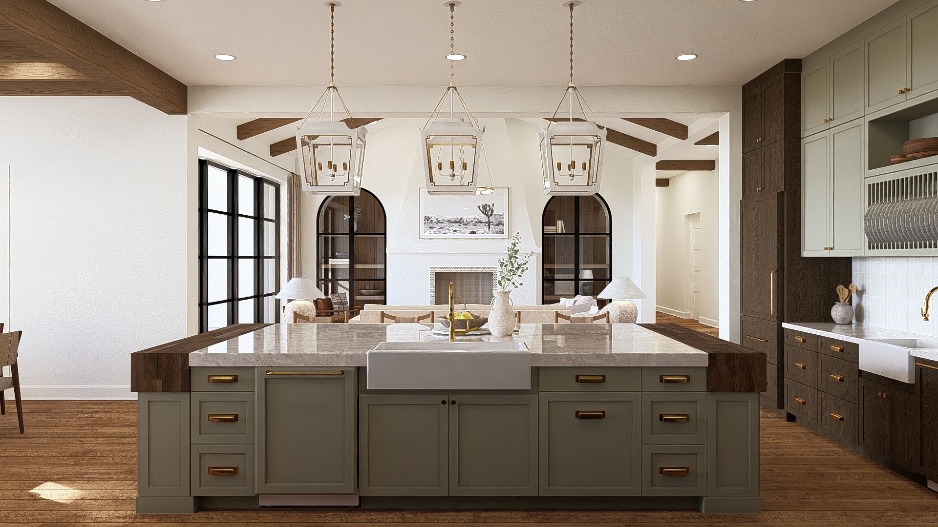 A view from the kitchen island showing the open floor plan into the living room with a fireplace.