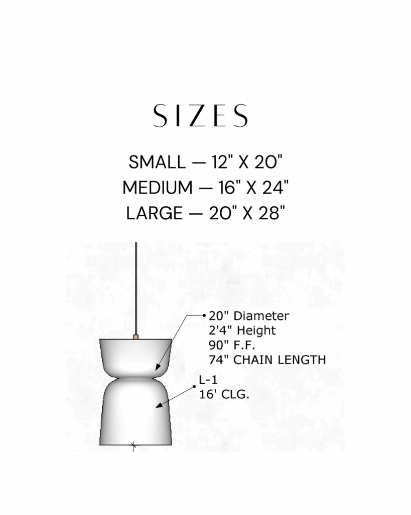 Copal clay pendant lighting collection size guide showing small, medium, and large dimensions with technical drawing and hanging specifications.