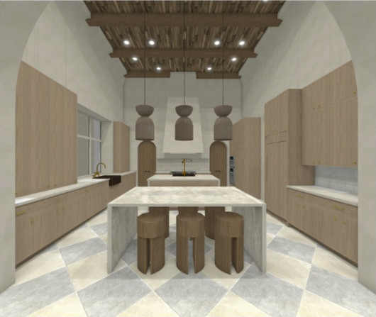 Minimal modern kitchen featuring white sculptural pendant lights over a stone island, light wood cabinetry, and soft neutral finishes.